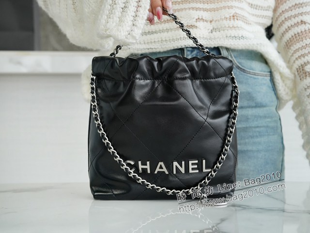 Chanel專櫃新款23S小牛皮22Mini bag黑銀 香奈兒迷你22bag鏈條肩背包 djc5283